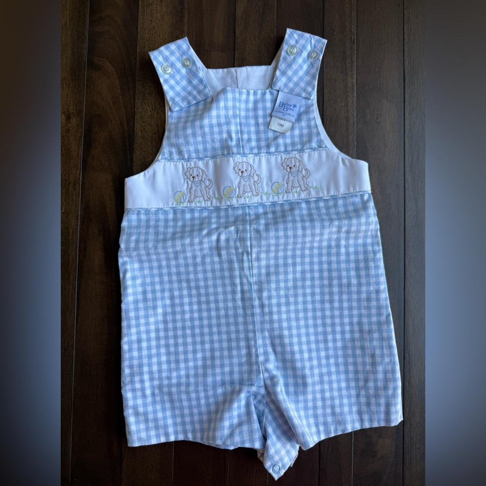 Blue Gingham Puppy Embroidered Kids Overalls by Beverly Hills Polo Club